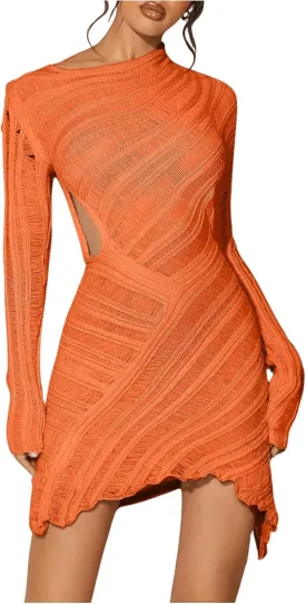 GORGLITTER Women's Long Sleeve Bodycon Asymmetrical Mini Dress Sexy Cut Out Sheer Party Dresses