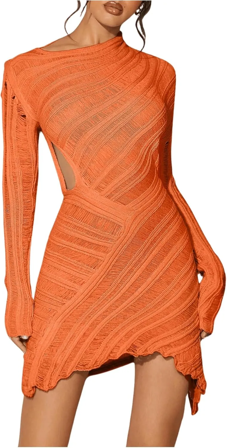 GORGLITTER Women's Long Sleeve Bodycon Asymmetrical Mini Dress Sexy Cut Out Sheer Party Dresses