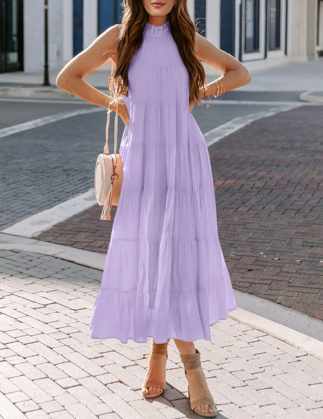 HAEOF Women's Summer Sleeveless Halter Midi Maxi Dress Casual Pleated Tiered Flowy Beach Vacation Long Dresses Sundress