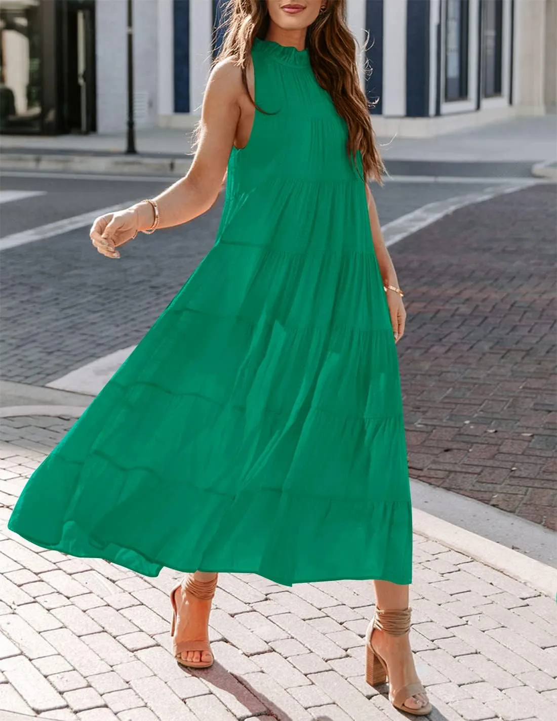 HAEOF Women's Summer Sleeveless Halter Midi Maxi Dress Casual Pleated Tiered Flowy Beach Vacation Long Dresses Sundress