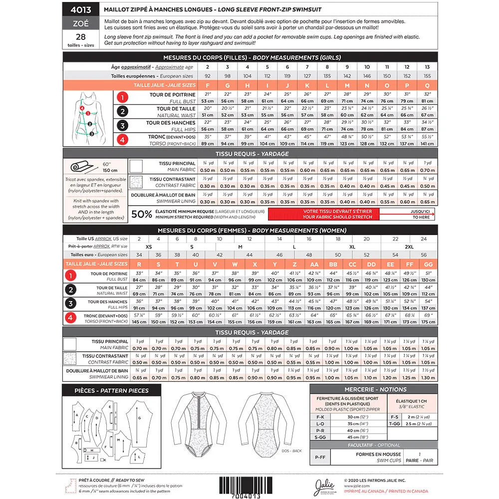 Jalie Pattern - 4013 ZOE Long-Sleeve Front-Zip Swimsuit