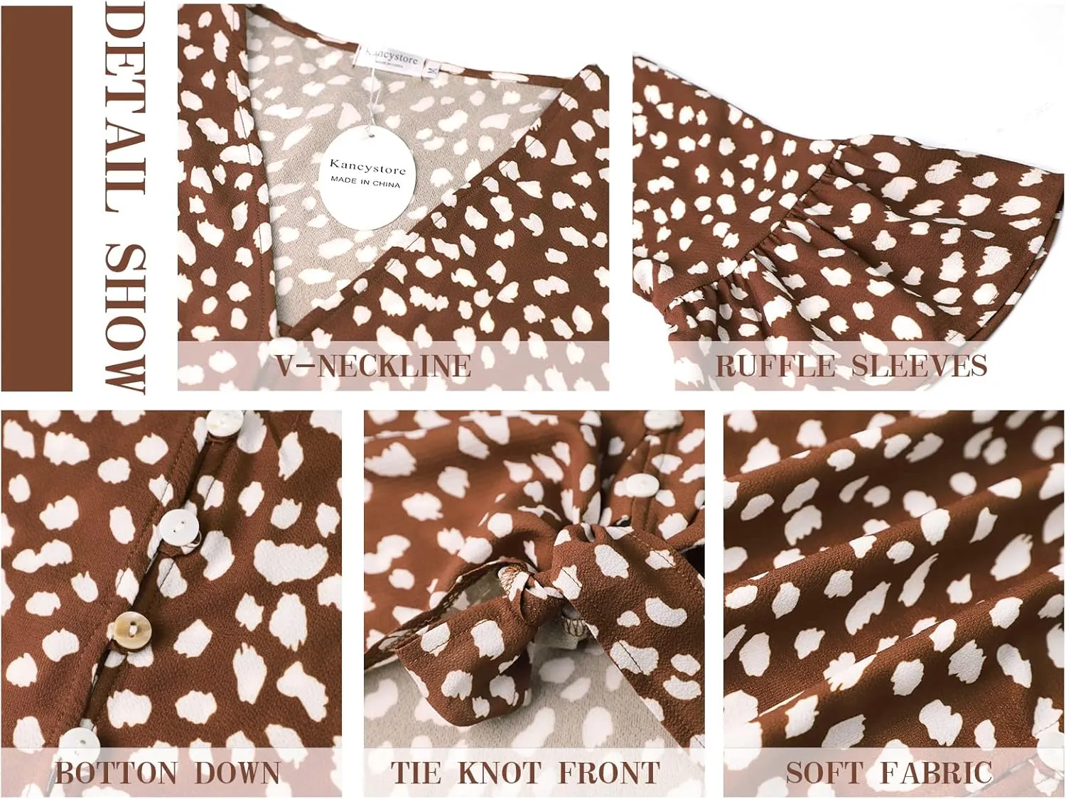 Kancystore Womens Button Down V Neck Tie Knot Front Tops 3/4 Sleeve Chiffon Casual Blouse Shirts