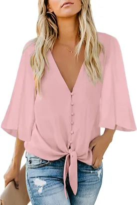 Kancystore Womens Button Down V Neck Tie Knot Front Tops 3/4 Sleeve Chiffon Casual Blouse Shirts