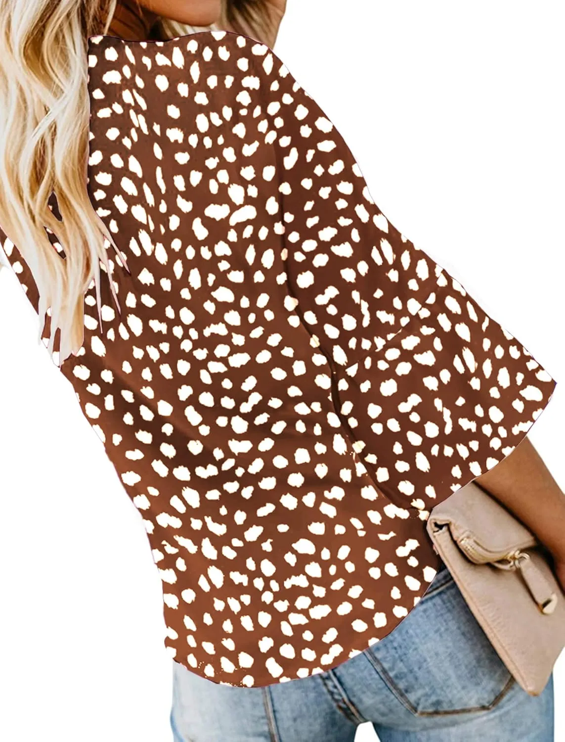 Kancystore Womens Button Down V Neck Tie Knot Front Tops 3/4 Sleeve Chiffon Casual Blouse Shirts