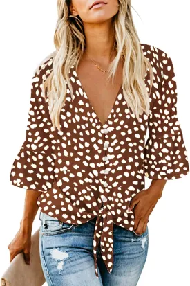 Kancystore Womens Button Down V Neck Tie Knot Front Tops 3/4 Sleeve Chiffon Casual Blouse Shirts