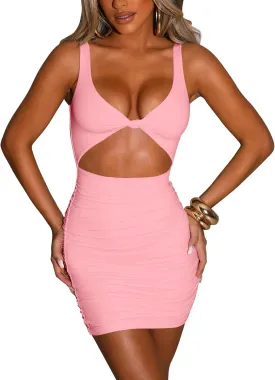 Kaximil Women's Sexy Bodycon Sleeveless Cut Out Ruched Tank Mini Club Party Dresses