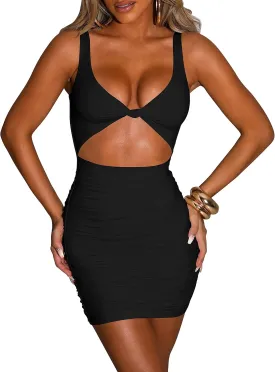 Kaximil Women's Sexy Bodycon Sleeveless Cut Out Ruched Tank Mini Club Party Dresses