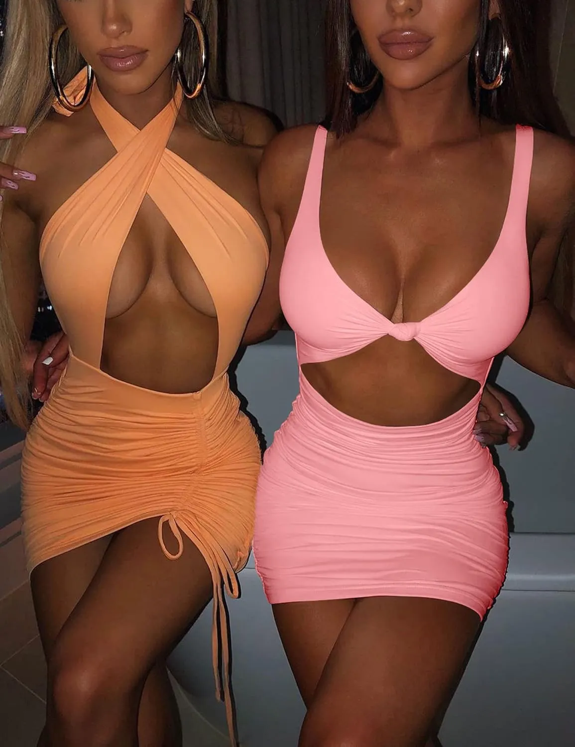 Kaximil Women's Sexy Bodycon Sleeveless Cut Out Ruched Tank Mini Club Party Dresses