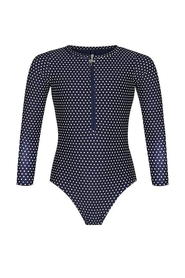 Kids Navy Dots One Piece Long Sleeve Bather