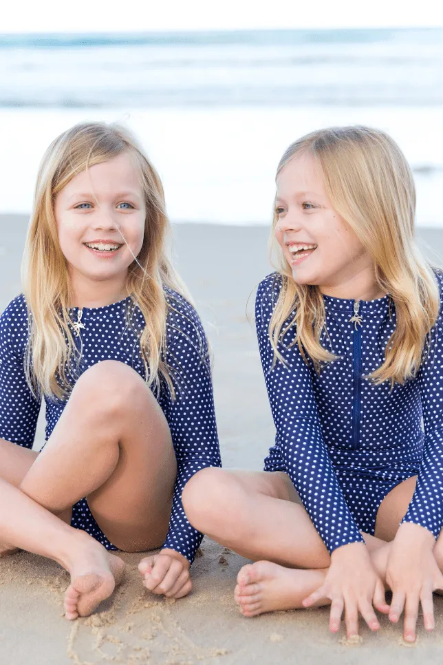 Kids Navy Dots One Piece Long Sleeve Bather