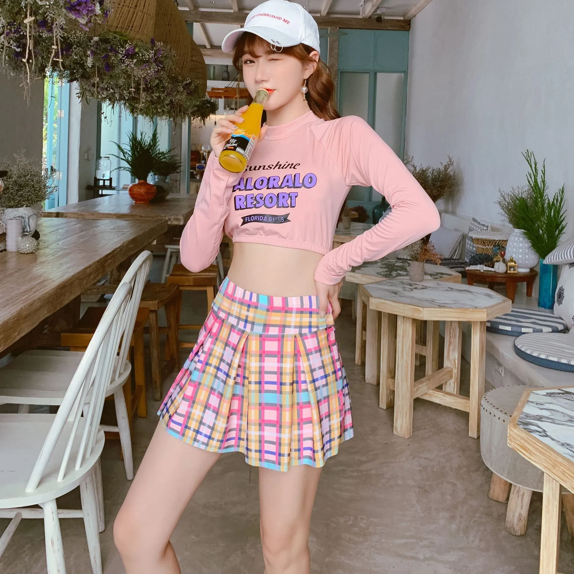 Korean Harajuku long sleeve kawaii split tankini set pleated plaid swimdress swimsuit for girls