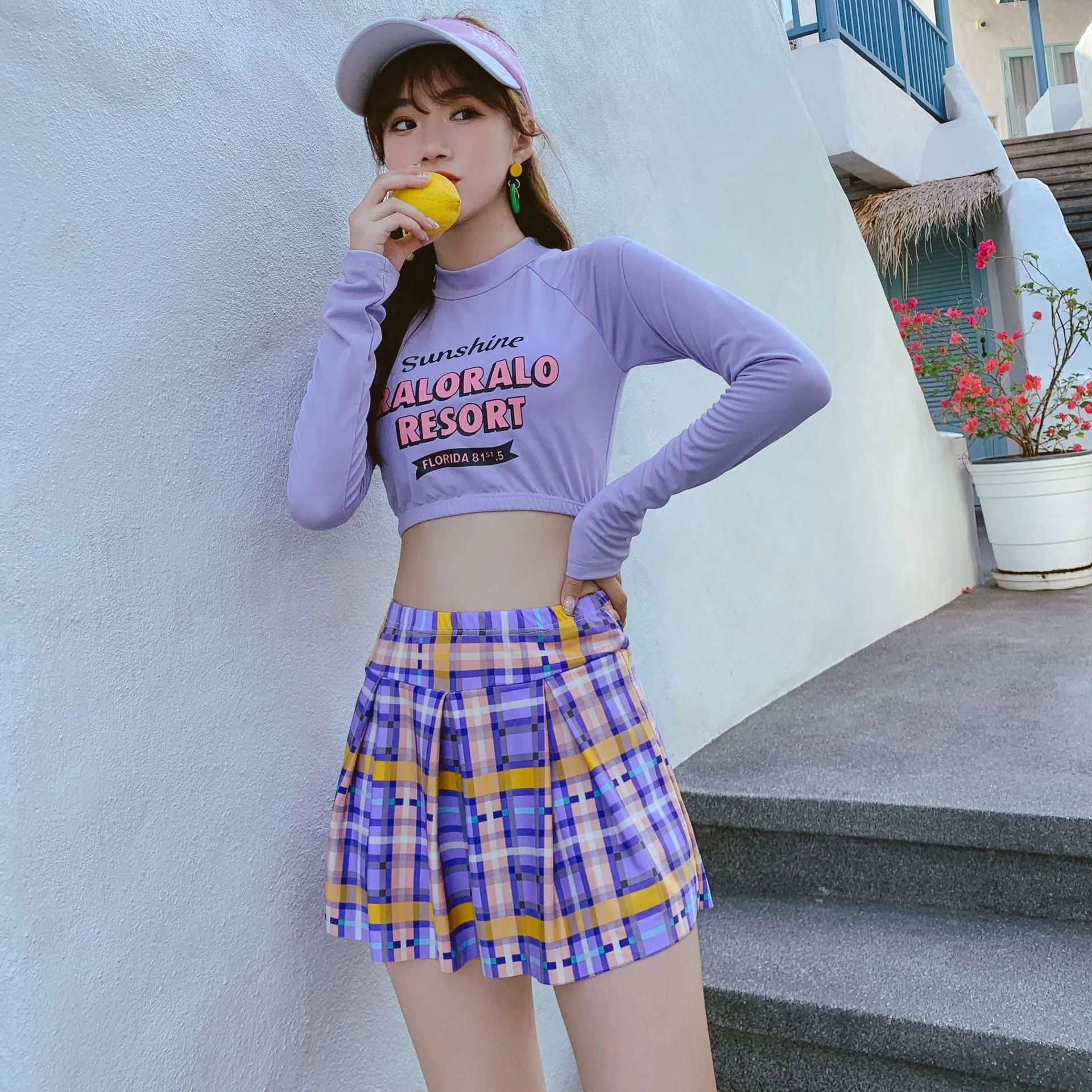 Korean Harajuku long sleeve kawaii split tankini set pleated plaid swimdress swimsuit for girls