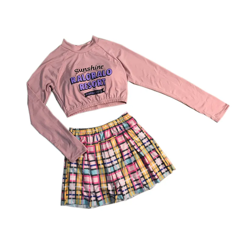 Korean Harajuku long sleeve kawaii split tankini set pleated plaid swimdress swimsuit for girls