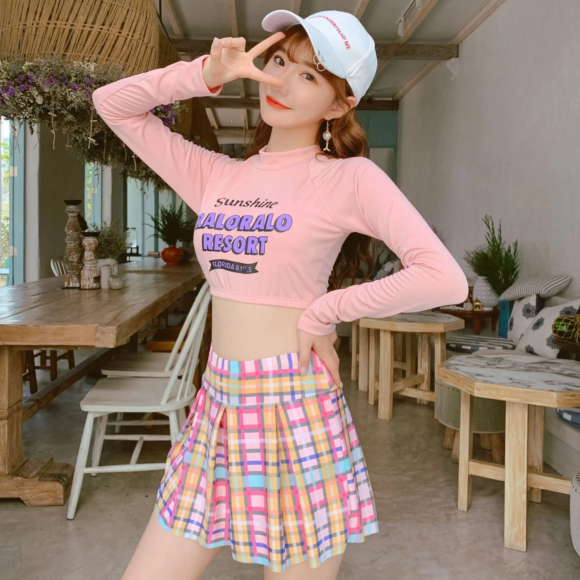 Korean Harajuku long sleeve kawaii split tankini set pleated plaid swimdress swimsuit for girls