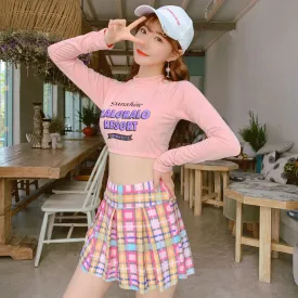 Korean Harajuku long sleeve kawaii split tankini set pleated plaid swimdress swimsuit for girls