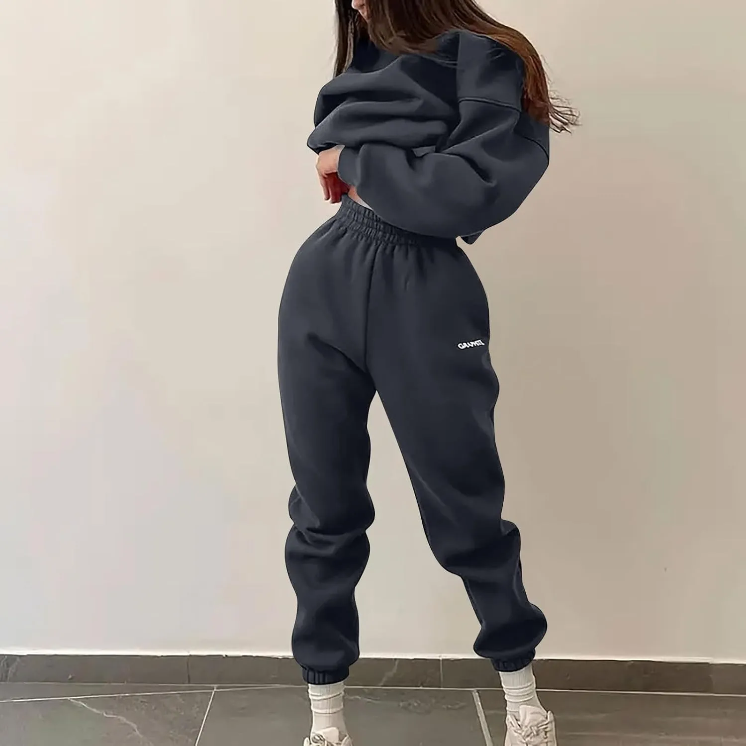 Lastesso Sweatsuits Women 2 Piece Outfit Plus Size Lounge Tracksuits Crew Neck Letter Sweatshirt Matching Active Pants