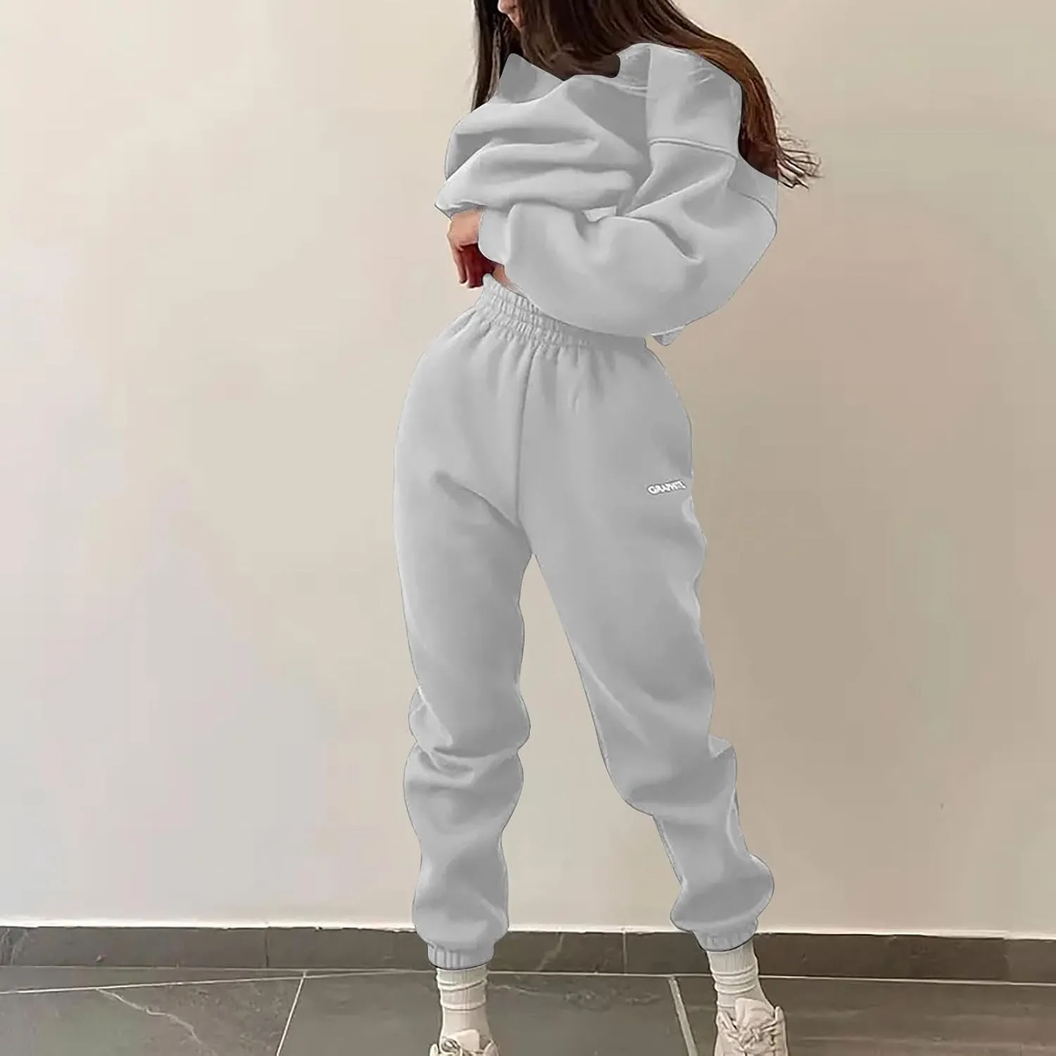 Lastesso Sweatsuits Women 2 Piece Outfit Plus Size Lounge Tracksuits Crew Neck Letter Sweatshirt Matching Active Pants