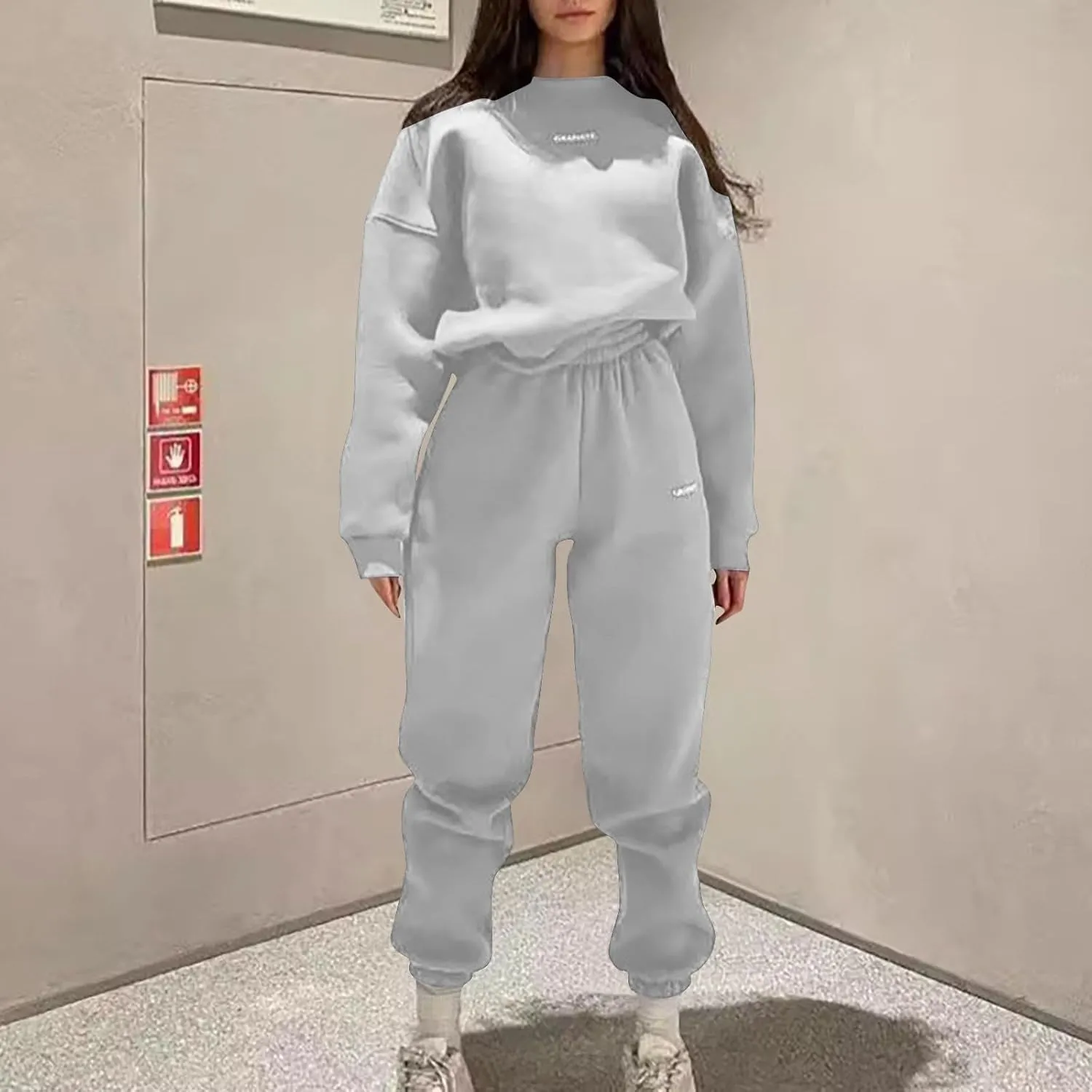Lastesso Sweatsuits Women 2 Piece Outfit Plus Size Lounge Tracksuits Crew Neck Letter Sweatshirt Matching Active Pants