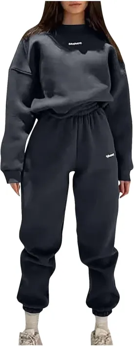 Lastesso Sweatsuits Women 2 Piece Outfit Plus Size Lounge Tracksuits Crew Neck Letter Sweatshirt Matching Active Pants