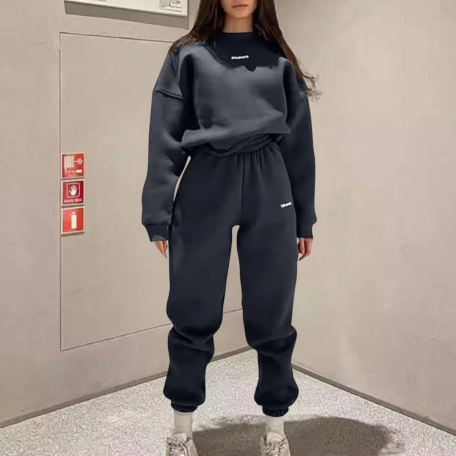 Lastesso Sweatsuits Women 2 Piece Outfit Plus Size Lounge Tracksuits Crew Neck Letter Sweatshirt Matching Active Pants