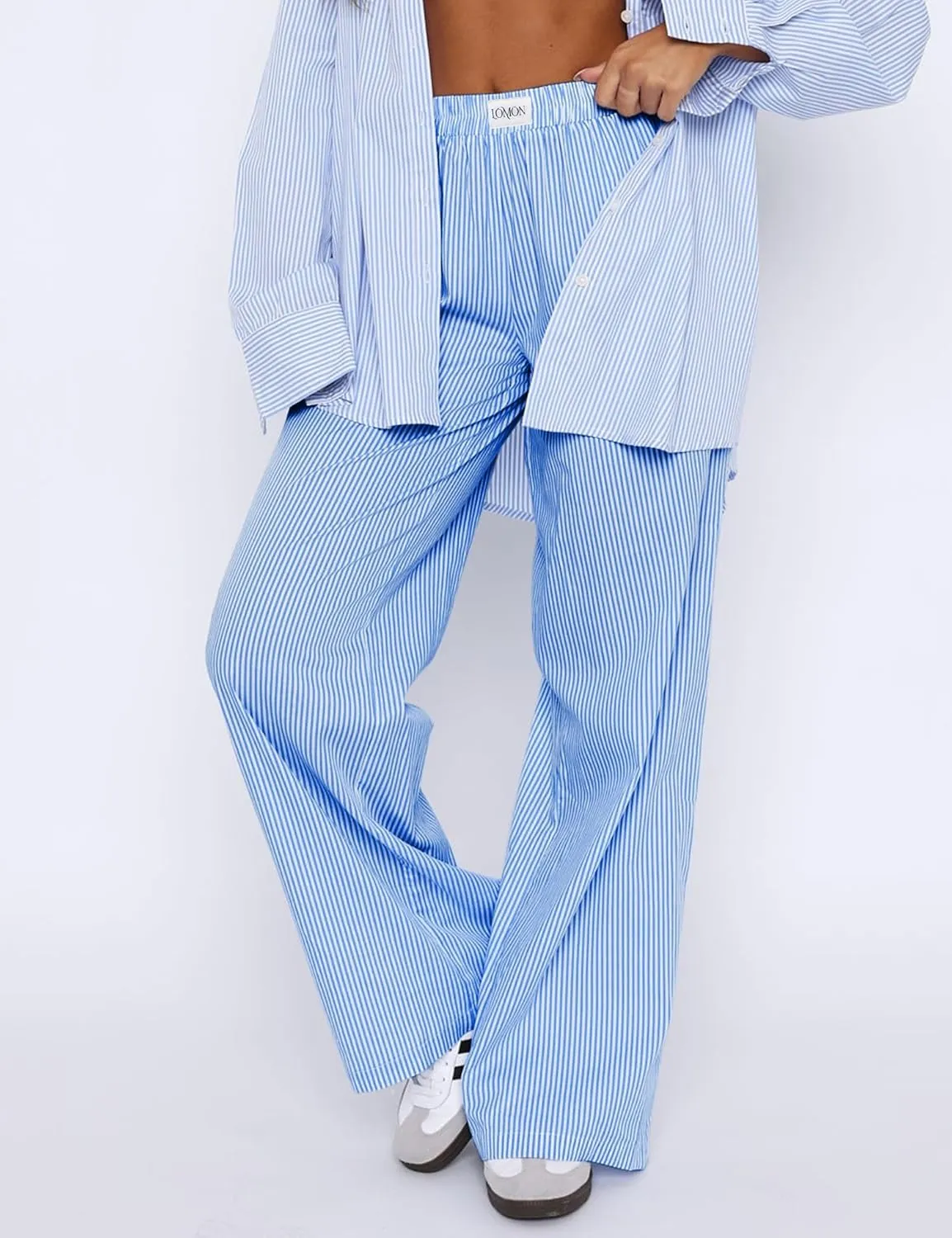 LOMON Women's Striped Gingham Boxer Pants Cotton Pajama Lounge Pj Casual Plaid Trousers Y2K Beach Bottoms with Pockets