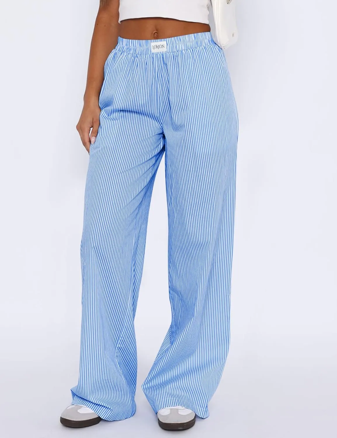 LOMON Women's Striped Gingham Boxer Pants Cotton Pajama Lounge Pj Casual Plaid Trousers Y2K Beach Bottoms with Pockets