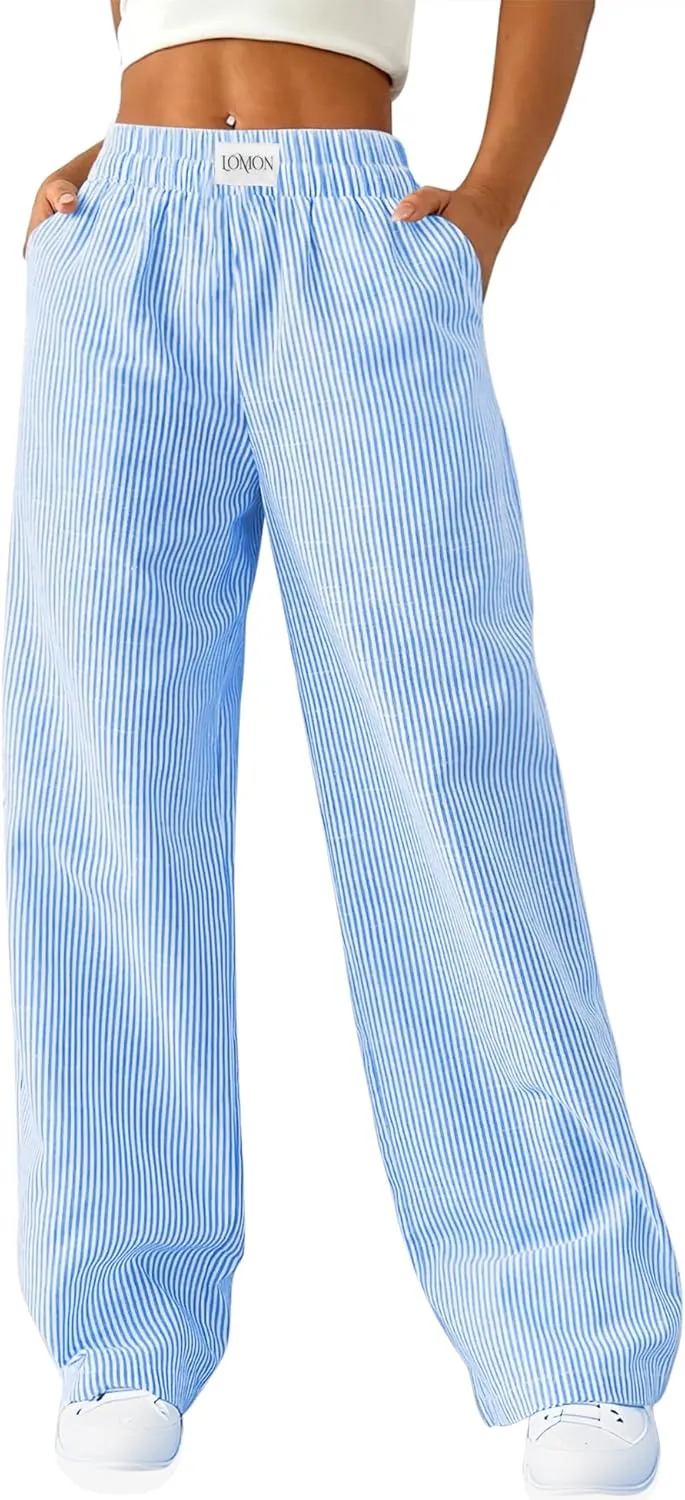 LOMON Women's Striped Gingham Boxer Pants Cotton Pajama Lounge Pj Casual Plaid Trousers Y2K Beach Bottoms with Pockets