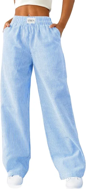 LOMON Women's Striped Gingham Boxer Pants Cotton Pajama Lounge Pj Casual Plaid Trousers Y2K Beach Bottoms with Pockets
