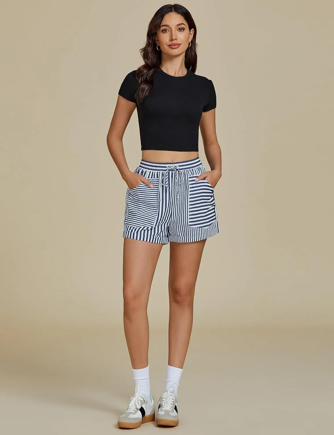 luvamia Striped Shorts for Women High Waisted Trendy Casual Pull On Drawstring Elastic Waist Beach Shorts with Pockets