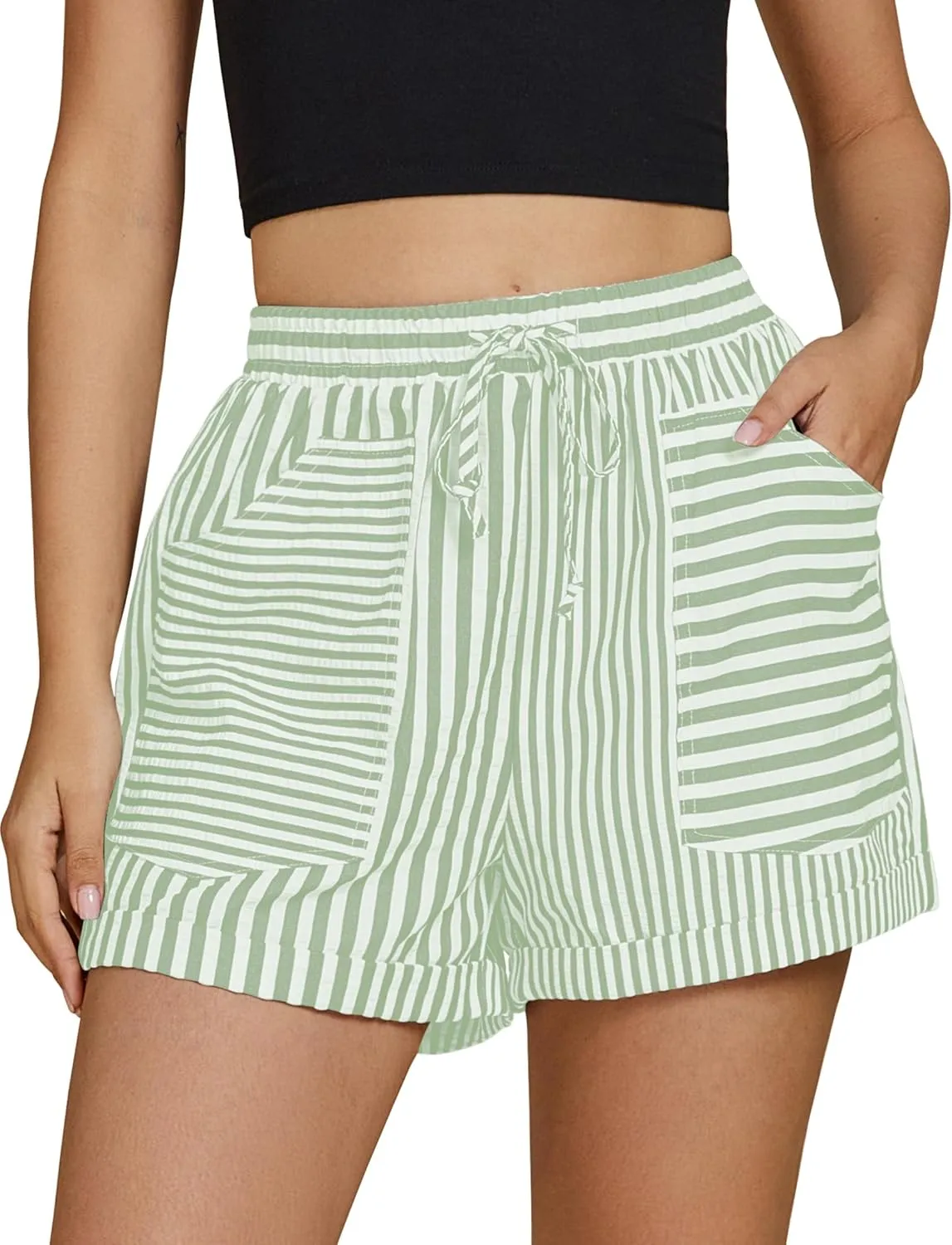 luvamia Striped Shorts for Women High Waisted Trendy Casual Pull On Drawstring Elastic Waist Beach Shorts with Pockets