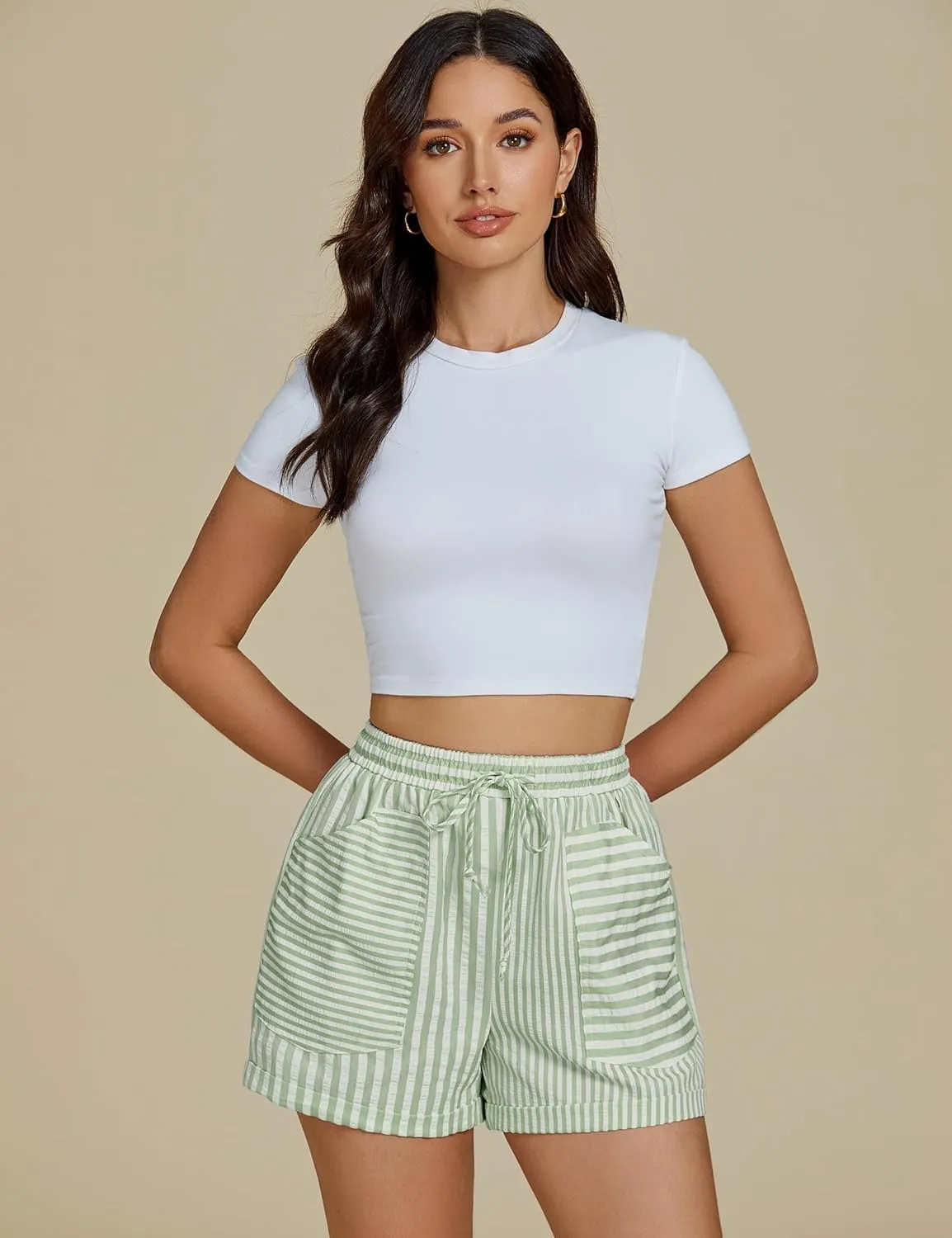 luvamia Striped Shorts for Women High Waisted Trendy Casual Pull On Drawstring Elastic Waist Beach Shorts with Pockets