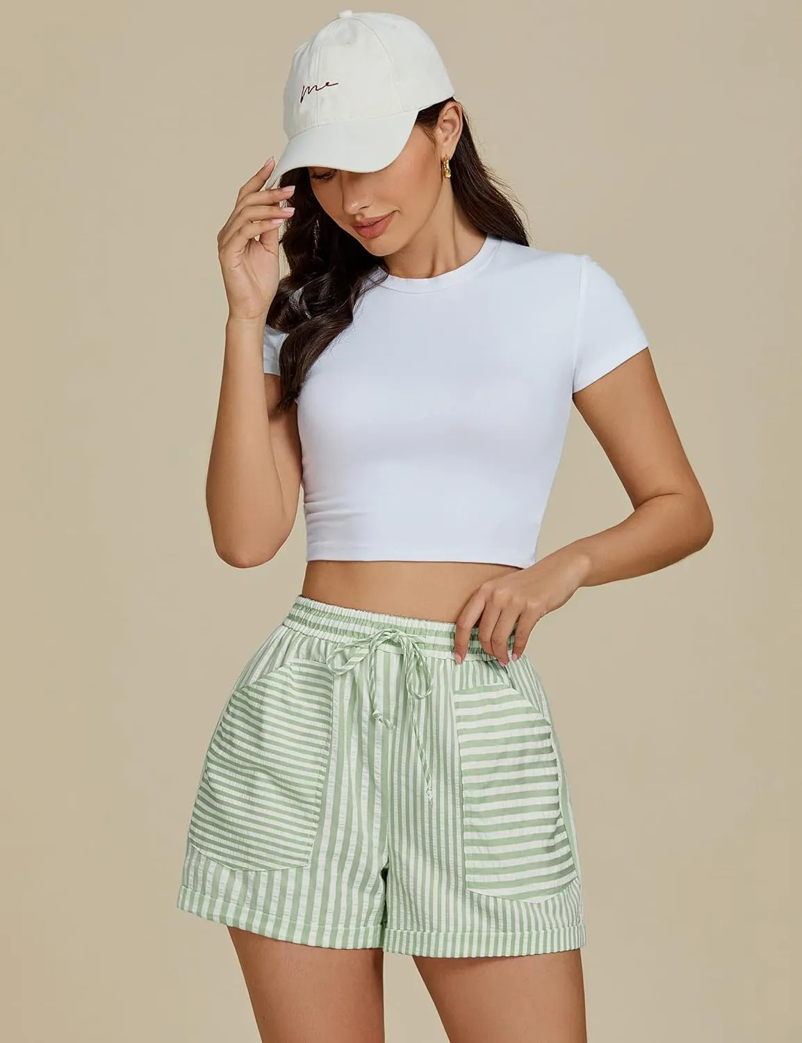 luvamia Striped Shorts for Women High Waisted Trendy Casual Pull On Drawstring Elastic Waist Beach Shorts with Pockets