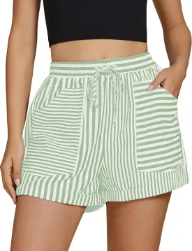 luvamia Striped Shorts for Women High Waisted Trendy Casual Pull On Drawstring Elastic Waist Beach Shorts with Pockets
