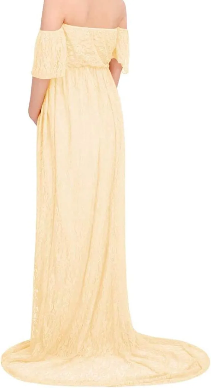 Maternity Off Shoulder Ruffle Sleeve Lace Women's Gown Maxi Photography Dress