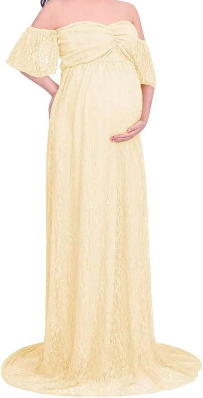 Maternity Off Shoulder Ruffle Sleeve Lace Women's Gown Maxi Photography Dress