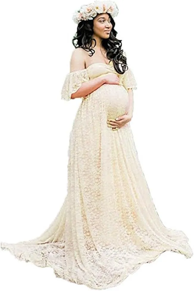 Maternity Off Shoulder Ruffle Sleeve Lace Women's Gown Maxi Photography Dress