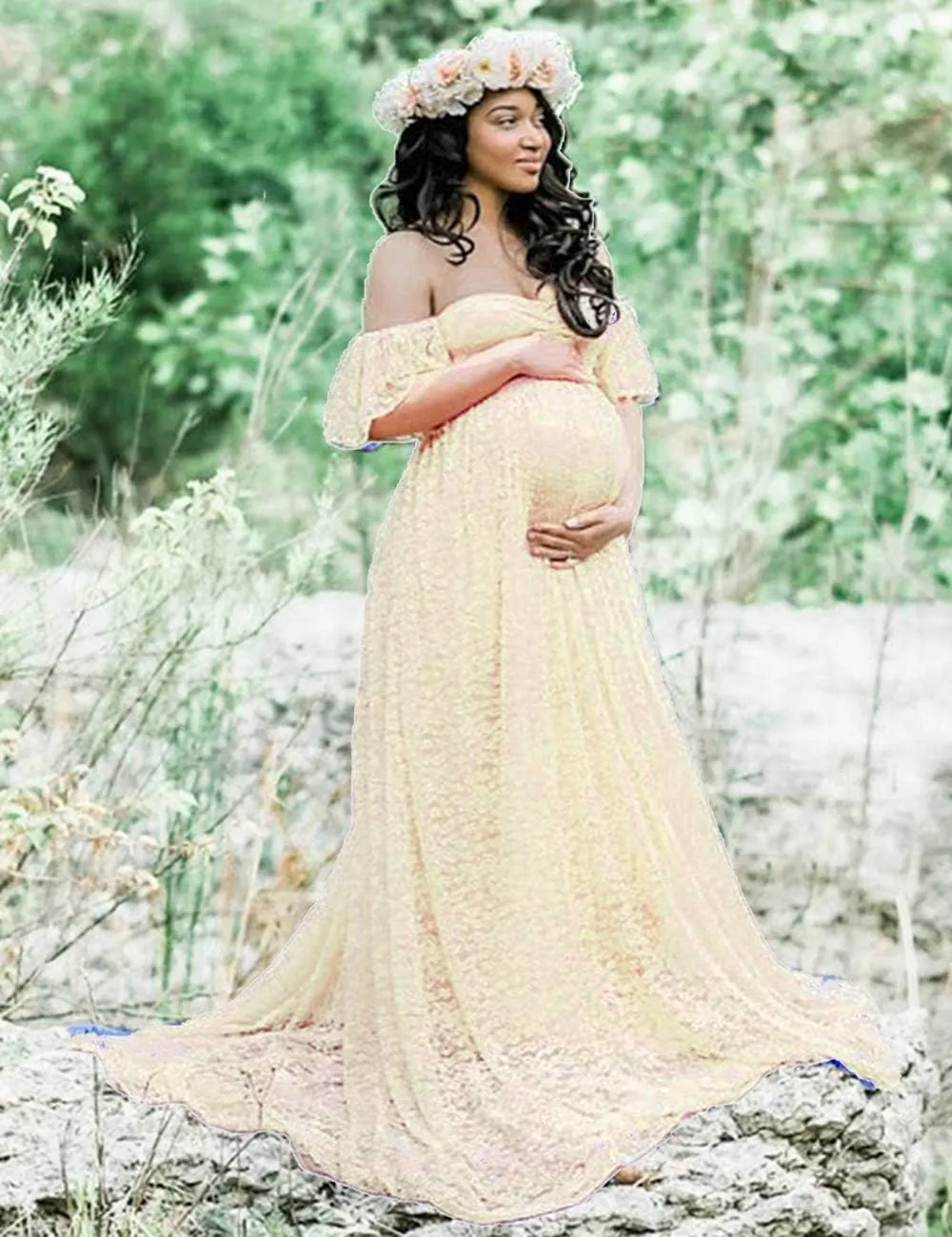 Maternity Off Shoulder Ruffle Sleeve Lace Women's Gown Maxi Photography Dress
