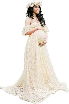 Maternity Off Shoulder Ruffle Sleeve Lace Women's Gown Maxi Photography Dress