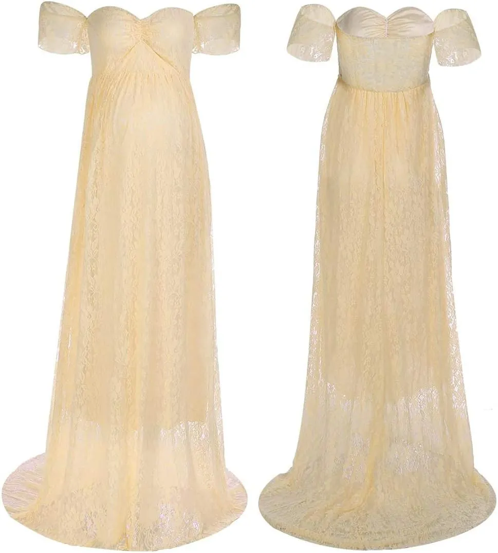 Maternity Off Shoulder Ruffle Sleeve Lace Women's Gown Maxi Photography Dress