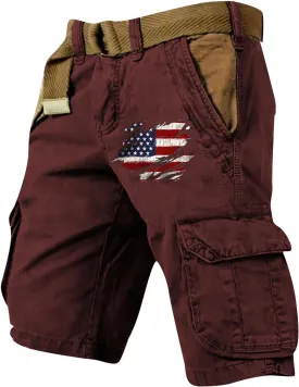 Mens Cargo Shorts Patriotic American Flag Shorts Outdoor Muiti-Pockets Short Jogging Hiking Pants with Zipper