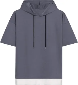 Mens Short Sleeve Hoodie Soft Cotton Color Block Moisture Wicking Patchwork Unisex Hip Hop T-Shirt Hoodie