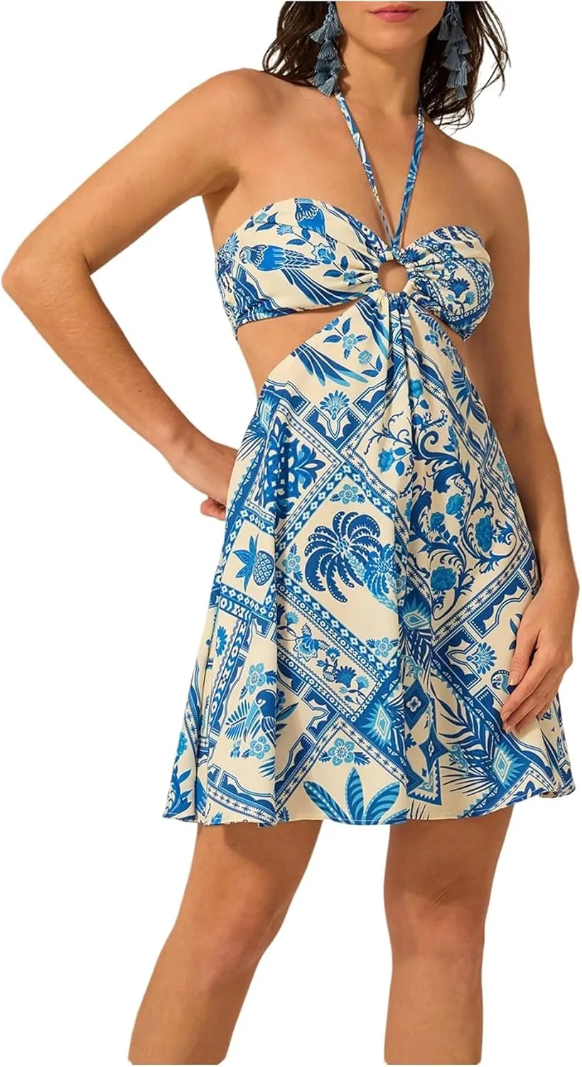 Milumia Women's Tropical Cut Out Halter Dress Tie Back Flare A Line Short Dresses