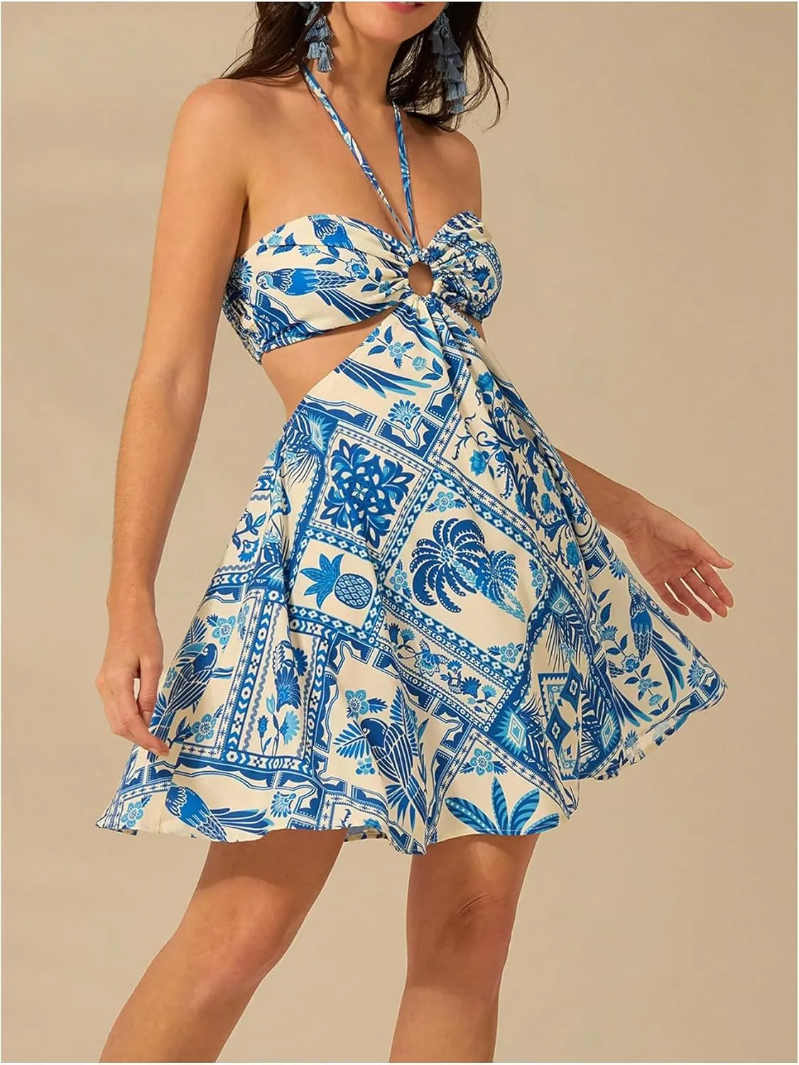 Milumia Women's Tropical Cut Out Halter Dress Tie Back Flare A Line Short Dresses
