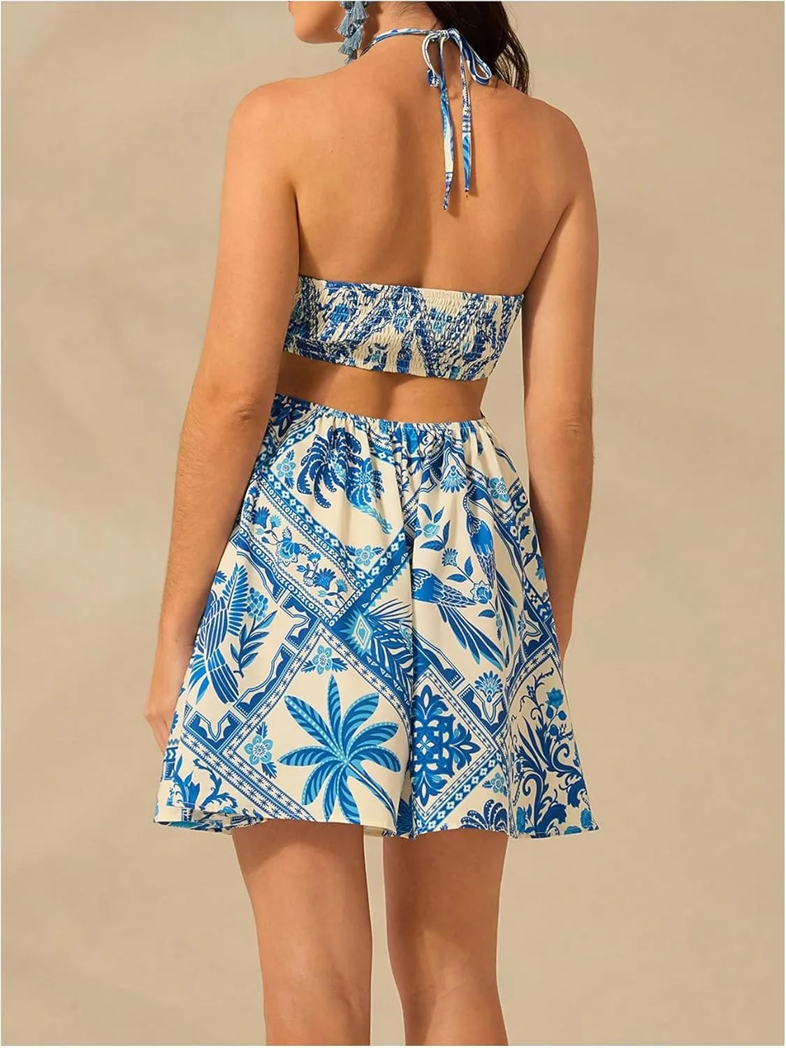 Milumia Women's Tropical Cut Out Halter Dress Tie Back Flare A Line Short Dresses