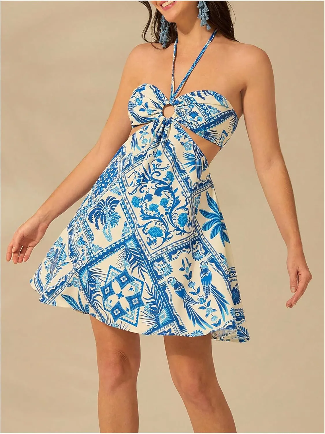Milumia Women's Tropical Cut Out Halter Dress Tie Back Flare A Line Short Dresses