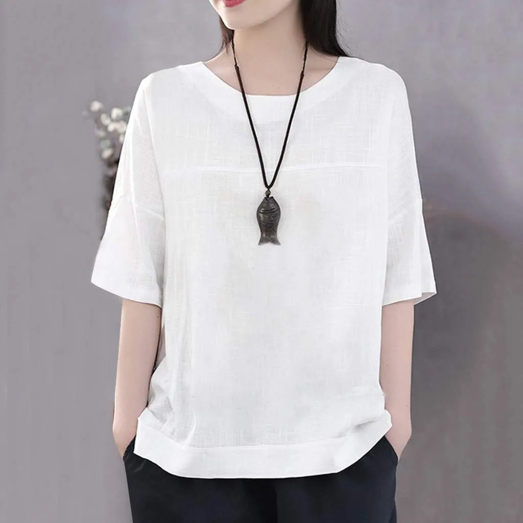 Neck Casual Loose Summer Shirt Sleeve Round Solid Women Blouse Top Short Women's Blouse Medium Pack