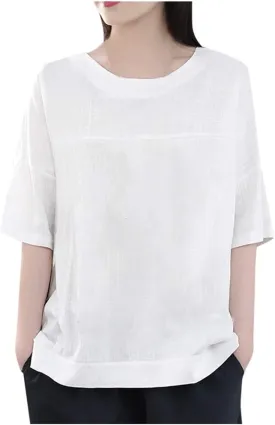 Neck Casual Loose Summer Shirt Sleeve Round Solid Women Blouse Top Short Women's Blouse Medium Pack