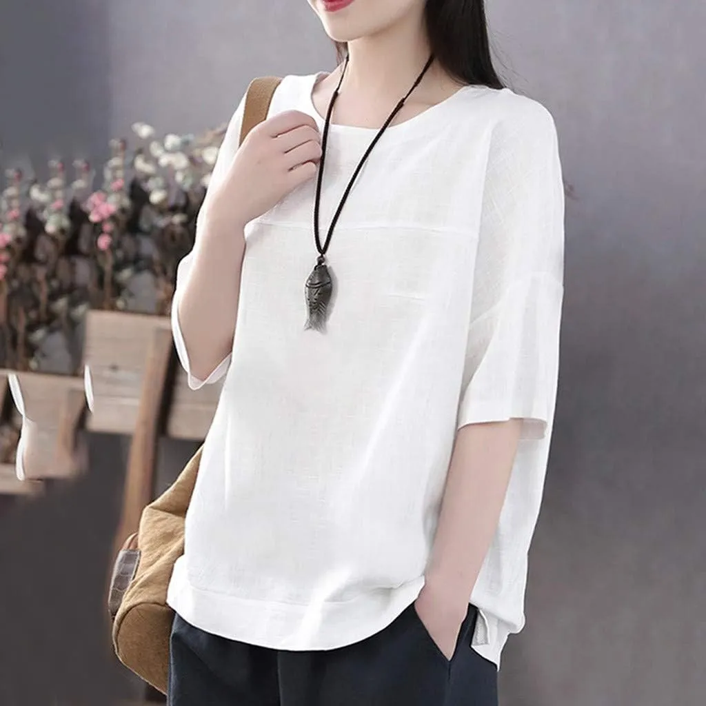 Neck Casual Loose Summer Shirt Sleeve Round Solid Women Blouse Top Short Women's Blouse Medium Pack