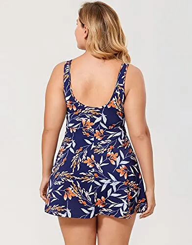 One Piece Zip Front Skirted Bathing Swimsuit