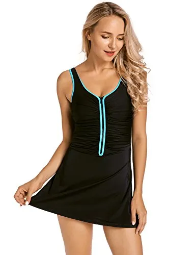 One Piece Zip Front Skirted Bathing Swimsuit